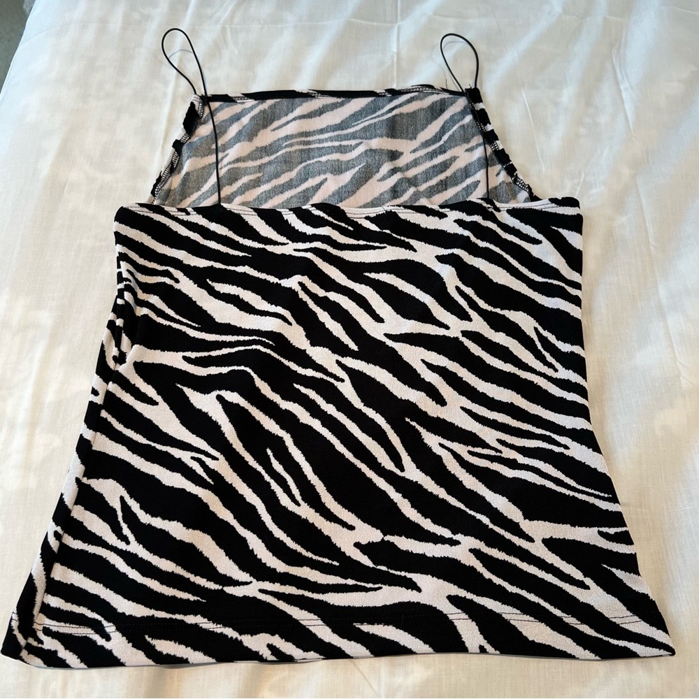**SOLD** Zebra Print Tank Top with Elastic String Straps & Ruched Neckline Sz L - Picture 8 of 9